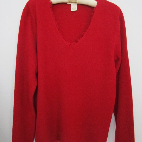 Fringe CASHMERE Pullover Sweater V Neck Red Peck Cuddly Knit Luxury - Picture 2 of 12